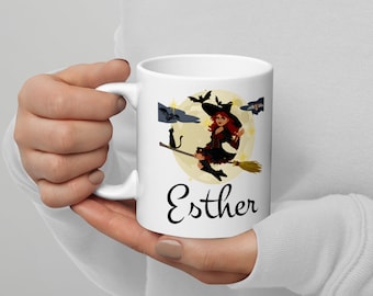 Flying Broom Cat Custom Name Witch Mug, Personalized Halloween Cup