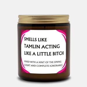 Peut inclure: Une bougie en pot de verre marron avec un couvercle doré. L'étiquette indique "SMELLS LIKE TAMLIN ACTING LIKE A LITTLE BITCH MIXED WITH A HINT OF THE SPRING COURT AND COMPLETE IGNORANCE."
