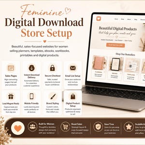 Puede incluir: Un servicio de configuraci&oacute;n de tienda digital para vender planificadores y libros electr&oacute;nicos, mostrado en una pantalla de port&aacute;til y tel&eacute;fono inteligente. La interfaz presenta una paleta de colores beige y marr&oacute;n con iconos.