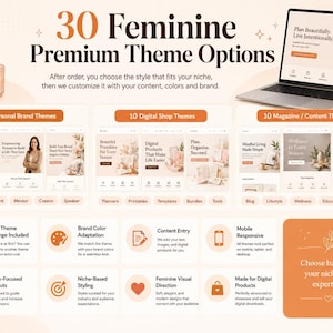 Puede incluir: Un gr&aacute;fico digital que muestra 30 opciones de temas premium femeninos para sitios web. La imagen presenta una computadora port&aacute;til y un tel&eacute;fono inteligente con dise&ntilde;os web, categorizados en temas de marca, tienda y revista con texto.