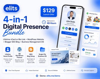 Complete Digital Presence-bundel vCard / Bio Link + WordPress-website + SEO-blog + zakelijk besturingssysteem