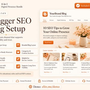 Pu&ograve; includere: Un grafico per un pacchetto di marketing digitale intitolato Blogger SEO Blog Setup, che mostra un'anteprima di un layout di blog con il testo 10 SEO Tips to Grow Your Online Presence, un elenco di funzionalit&agrave; e icone di download.