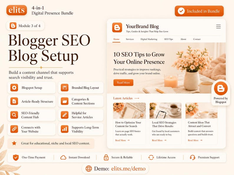 Pu&ograve; includere: Un grafico per un pacchetto di marketing digitale intitolato Blogger SEO Blog Setup, che mostra un'anteprima di un layout di blog con il testo 10 SEO Tips to Grow Your Online Presence, un elenco di funzionalit&agrave; e icone di download.