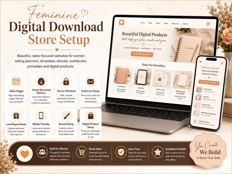 Puede incluir: Un servicio de configuraci&oacute;n de tienda digital para vender planificadores y libros electr&oacute;nicos, mostrado en una pantalla de port&aacute;til y tel&eacute;fono inteligente. La interfaz presenta una paleta de colores beige y marr&oacute;n con iconos.