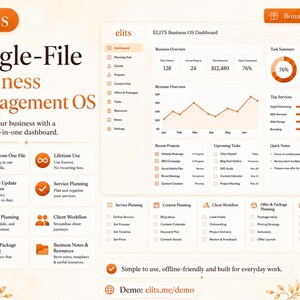 Pu&ograve; includere: Una dashboard digitale di gestione aziendale intitolata elits Single-File Business Management OS. L'interfaccia mostra una panoramica aziendale, grafici dei ricavi, riepiloghi delle attivit&agrave; ed elenchi di progetti in arancione e bianco. Include etichette di testo per la pianificazione.