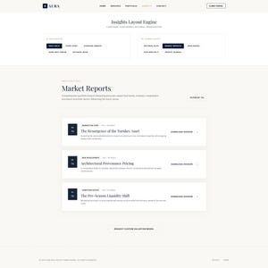 Może przedstawiać: Interfejs strony internetowej Aura z nagł&oacute;wkiem, linkami nawigacyjnymi, tytułem Insights Layout Engine oraz sekcją Market Reports. Wyświetla trzy karty raport&oacute;w z tytułami takimi jak The Resurgence of the Turnkey Asset.