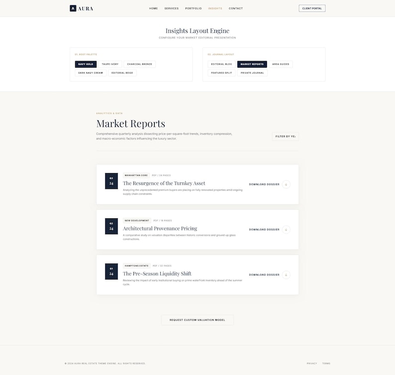 Może przedstawiać: Interfejs strony internetowej Aura z nagł&oacute;wkiem, linkami nawigacyjnymi, tytułem Insights Layout Engine oraz sekcją Market Reports. Wyświetla trzy karty raport&oacute;w z tytułami takimi jak The Resurgence of the Turnkey Asset.