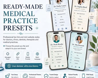 Mini sitio web con información biográfica para consultorios médicos y flujo de contacto compatible con HIPAA (descarga digital).