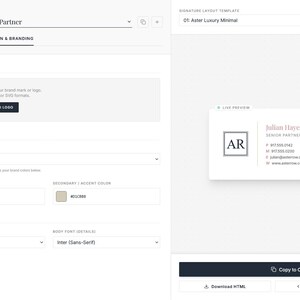 Może przedstawiać: Cyfrowy interfejs Aster Row Signature Studio z edytorem podpis&oacute;w zespołowych. Ekran zawiera ustawienia projektowania i brandingu, obszar przesyłania logo, opcje palety kolor&oacute;w, wyb&oacute;r typografii oraz podgląd podpisu na żywo w czasie rzeczywistym.