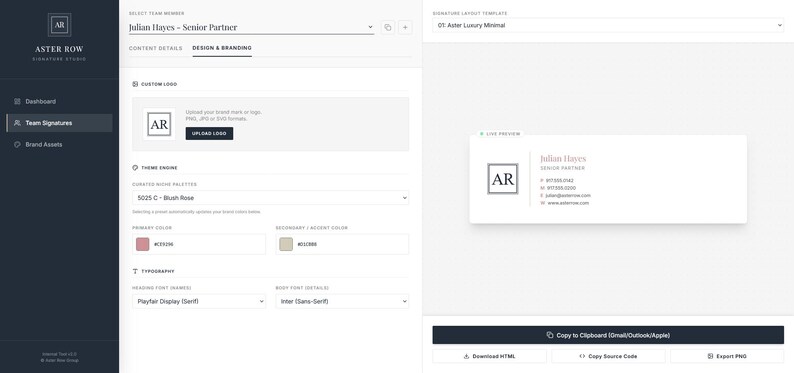 Może przedstawiać: Cyfrowy interfejs Aster Row Signature Studio z edytorem podpis&oacute;w zespołowych. Ekran zawiera ustawienia projektowania i brandingu, obszar przesyłania logo, opcje palety kolor&oacute;w, wyb&oacute;r typografii oraz podgląd podpisu na żywo w czasie rzeczywistym.