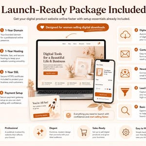 Puede incluir: Una infograf&iacute;a titulada Launch-Ready Package Included que muestra un port&aacute;til y un smartphone con una interfaz web. Enumera nueve caracter&iacute;sticas que incluyen dominio, alojamiento, SSL, configuraci&oacute;n de pago, entrega, formulario de contacto, bolet&iacute;n, embudo y SEO.