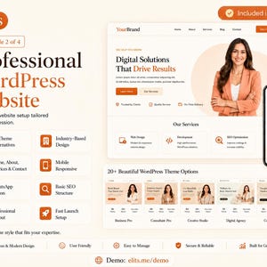 Pu&ograve; includere: Una grafica di marketing digitale per un servizio di siti web WordPress professionale. Il layout presenta testo tra cui Professional WordPress Website, Module 2 of 4, e un'anteprima del sito web con una persona in blazer. Le icone rappresentano funzionalit&agrave; come la reattivit&agrave; mobile, la SEO e le opzioni di tema.