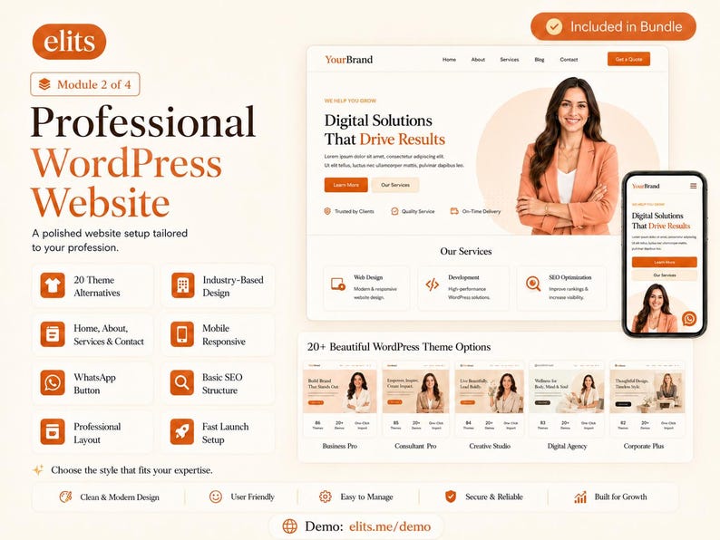 Pu&ograve; includere: Una grafica di marketing digitale per un servizio di siti web WordPress professionale. Il layout presenta testo tra cui Professional WordPress Website, Module 2 of 4, e un'anteprima del sito web con una persona in blazer. Le icone rappresentano funzionalit&agrave; come la reattivit&agrave; mobile, la SEO e le opzioni di tema.