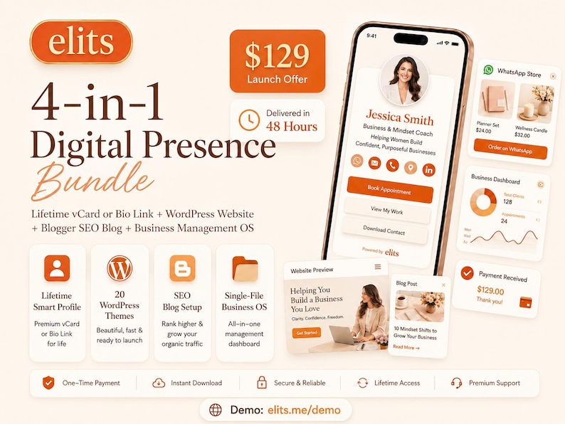 Pu&ograve; includere: Una pubblicit&agrave; per un pacchetto di servizi digitali intitolato 4-in-1 Digital Presence Bundle di elits. L'immagine mostra l'interfaccia di uno smartphone con il profilo aziendale di Jessica Smith, insieme a varie anteprime di dashboard, icone e testo che descrivono servizi come vCard, sito WordPress, blog SEO e sistema di gestione aziendale.