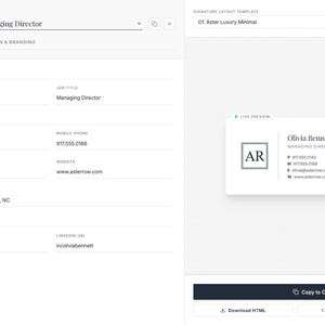 Może przedstawiać: Cyfrowy interfejs generatora podpis&oacute;w e-mail o nazwie Aster Row Signature Studio. Ekran zawiera pola wprowadzania danych osobowych, stanowiska, informacji kontaktowych oraz podgląd podpisu na żywo w czasie rzeczywistym.
