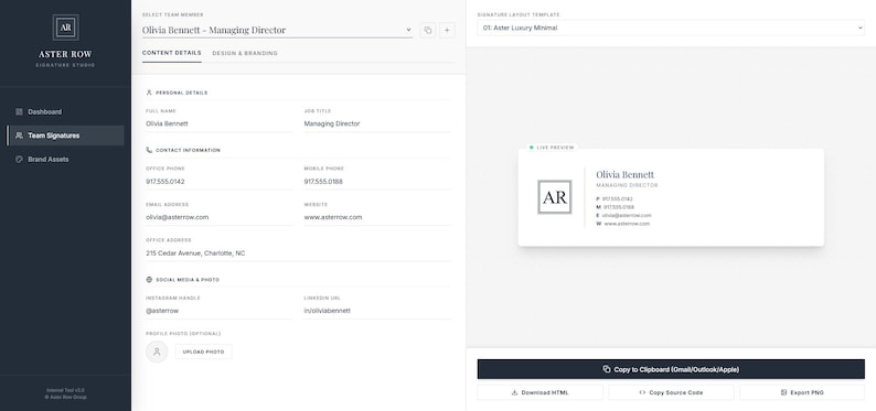 Może przedstawiać: Cyfrowy interfejs generatora podpis&oacute;w e-mail o nazwie Aster Row Signature Studio. Ekran zawiera pola wprowadzania danych osobowych, stanowiska, informacji kontaktowych oraz podgląd podpisu na żywo w czasie rzeczywistym.