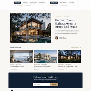 Może przedstawiać: Interfejs strony internetowej Aura Real Estate zawierający silnik układu Insights, artykuł zatytułowany The Shift Toward Heritage Assets in Luxury Real Estate, sekcję Latest Insights z trzema zdjęciami nieruchomości oraz sekcję Exclusive Market Intelligence.