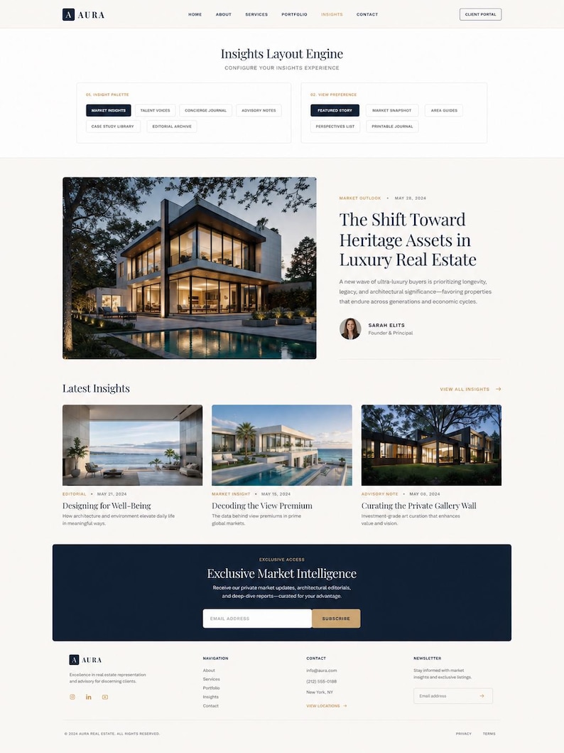 Może przedstawiać: Interfejs strony internetowej Aura Real Estate zawierający silnik układu Insights, artykuł zatytułowany The Shift Toward Heritage Assets in Luxury Real Estate, sekcję Latest Insights z trzema zdjęciami nieruchomości oraz sekcję Exclusive Market Intelligence.