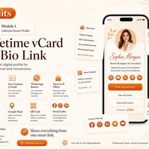 Pu&ograve; includere: Una grafica di marketing digitale per un servizio di vCard o link bio a vita chiamato elits. L'immagine mostra uno smartphone con il profilo professionale di Sophia Morgan, circondato da schede fluttuanti che descrivono servizi e contatti.