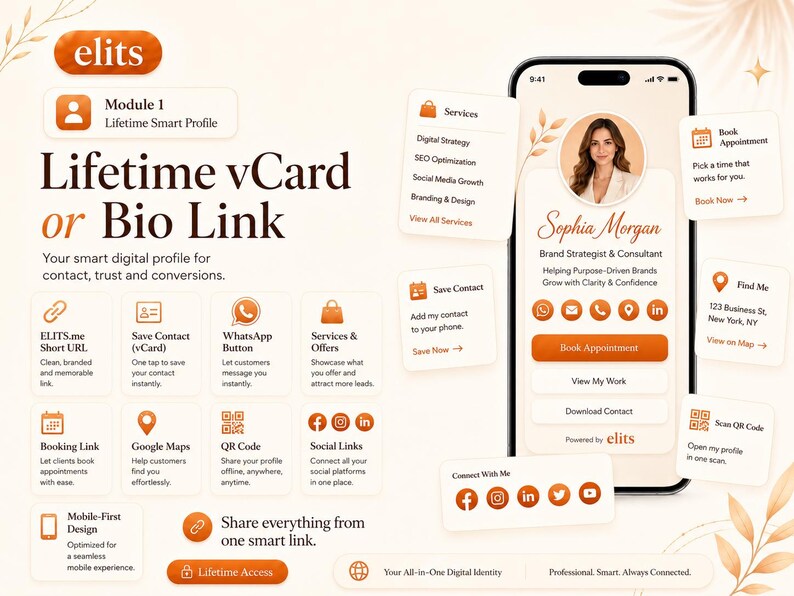 Pu&ograve; includere: Una grafica di marketing digitale per un servizio di vCard o link bio a vita chiamato elits. L'immagine mostra uno smartphone con il profilo professionale di Sophia Morgan, circondato da schede fluttuanti che descrivono servizi e contatti.