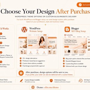 Pu&ograve; includere: Un grafico informativo intitolato Choose Your Design After Purchase, che descrive i servizi di configurazione del sito web per WordPress e Blogger. Presenta icone, elenchi di testo che spiegano il processo e anteprime di layout di siti web in toni in toni arancioni e bianchi.