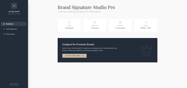 Może przedstawiać: Cyfrowy interfejs Brand Signature Studio Pro z ciemnym paskiem bocznym z opcjami nawigacji oraz gł&oacute;wnym pulpitem nawigacyjnym wyświetlającym liczbę członk&oacute;w zespołu, ustawienia wstępne marki, opcje układu oraz formaty eksportu.
