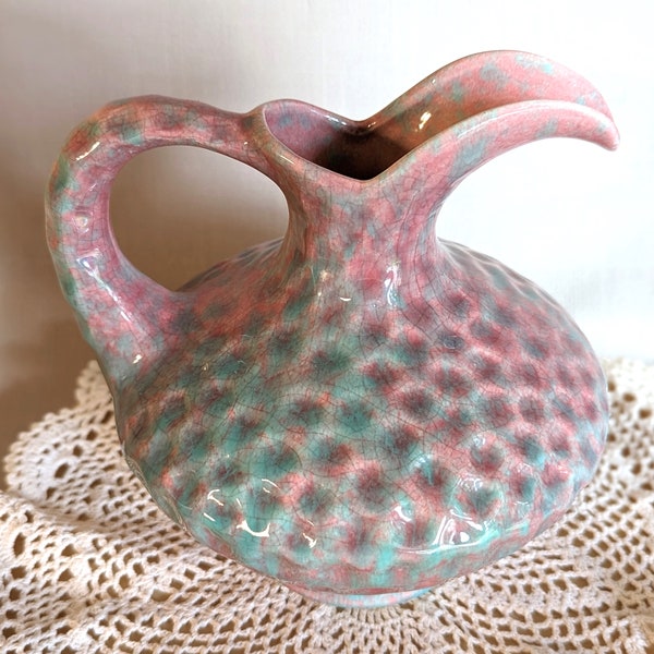Vintage 1940's Artistic Potteries Dimpled Pink and Aqua green-blue Pitcher Vase  California