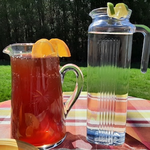 Vintage Mid-century Clear Glass Pitchers Starburst Pattern and Pasabahce Ribbed Pitcher