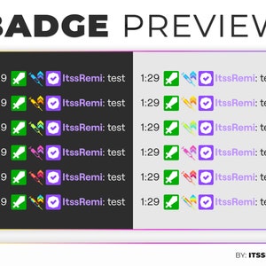 May include: A preview of a badge design with a green sword, a multi-colored syringe, and a purple checkmark. The text "ItssRemi: test" is displayed on each badge.