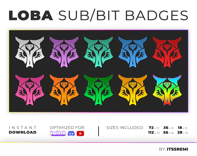 May include: A set of nine digital badges featuring a stylized wolf head with a diamond in its forehead. The badges are in various colors, including white, pink, blue, red, green, orange, and yellow. The badges are optimized for Twitch and include sizes 72x72, 112x112, 36x36, 56x56, 18x18, and 28x28.