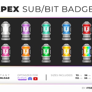 May include: A set of nine digital badges featuring a silver lightning bolt inside a silver container. The badges are in different colours, including silver, purple, teal, blue, pink, orange, green, yellow, and rainbow. The text "APEX SUB/BIT BADGES" is at the top of the image. The text "INSTANT DOWNLOAD" is at the bottom left of the image. The text "OPTIMIZED FOR twitch" is at the bottom centre of the image. The text "SIZES INCLUDED: 72x72 36x36 18x18 112 x 112 56x56 28x28" is at the bottom right of the image. The text "BY: ITSSREMI" is at the very bottom of the image.