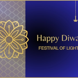 Wydrukuj życzenia Diwali 7X5 cali Niebiesko-złota składana karta z motywem krajobrazu