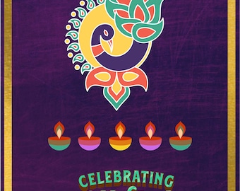Printable Diwali greeting 5X7 inches Blue and Gold traditional design