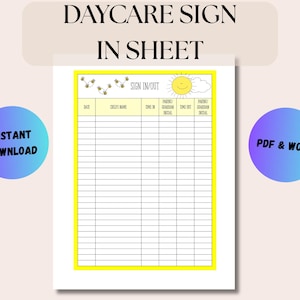 Daycare Paperwork, Daycare Forms, Childcare Sign In, Childcare Sign Out ...