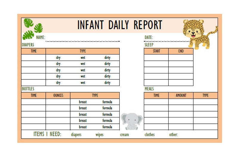 Safari Daycare Nursery Baby Infant Daily Report Digital Download PDF Etsy
