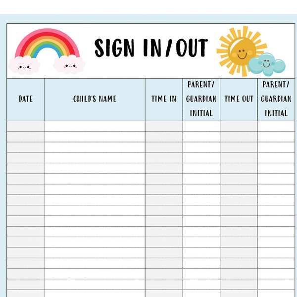 Daycare Nursery Daily Sign In/Out Sheet Digital Download PDF & Word