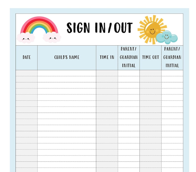 Daycare Nursery Daily Sign In/out Sheet Digital Download PDF & Word