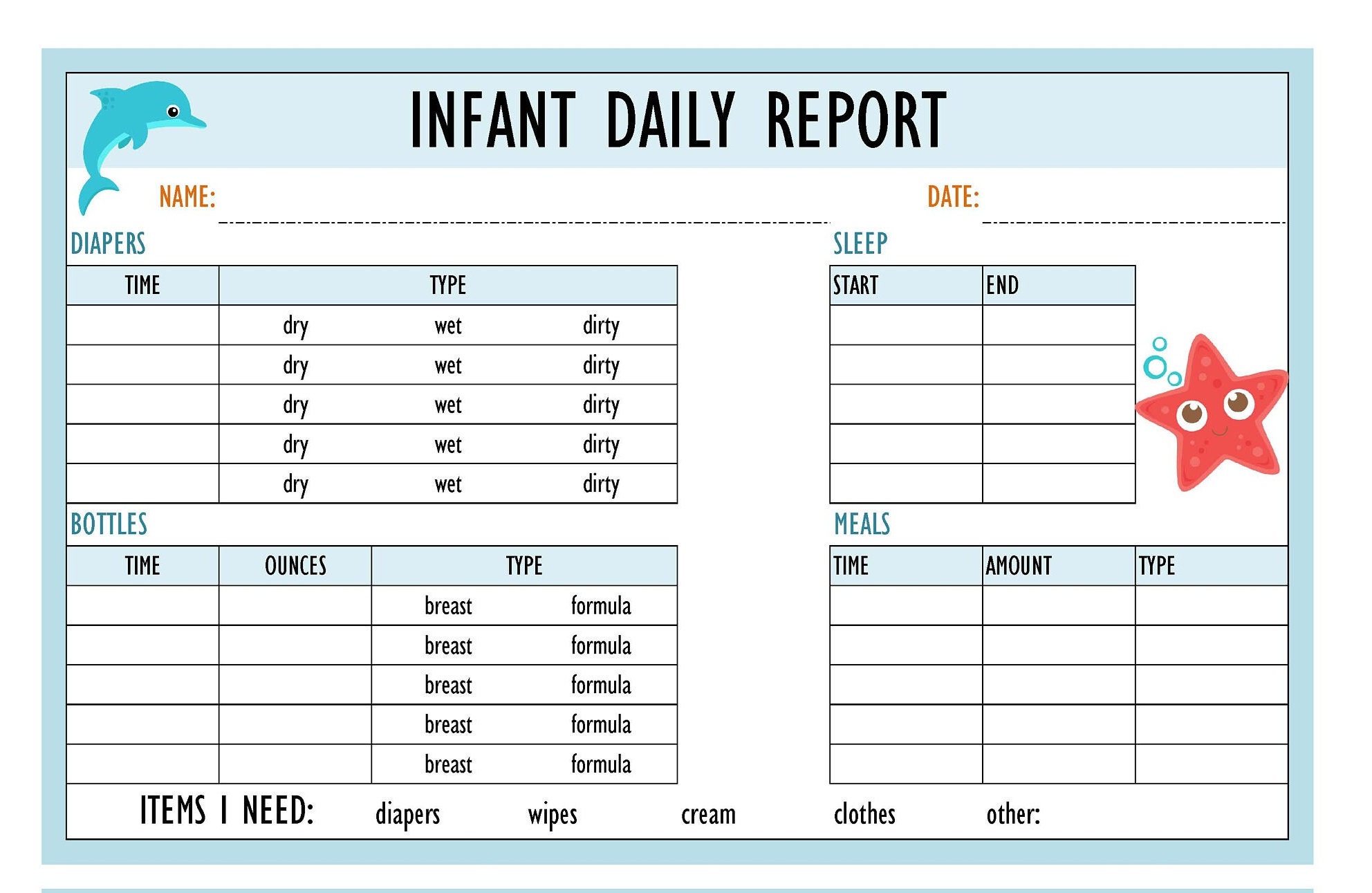 Sea Daycare Infant Daily Report Digital Download PDF Etsy