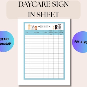 Daycare Paperwork, Daycare Forms, Childcare Sign In, Childcare Sign Out, Parent Drop off Digital Download PDF & Word Doc - Cute Dog Theme!