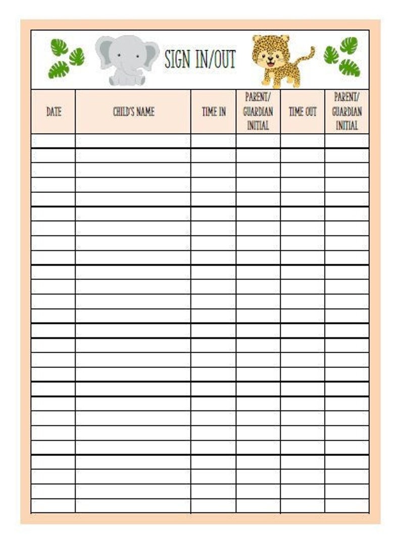 Safari Daycare Nursery Daily Sign In/out Sheet PDF Etsy