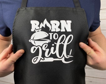 Born to grill black BBQ and grilling apron with pockets, Funny aprons, Gift for him, Gift for her, Funny gift