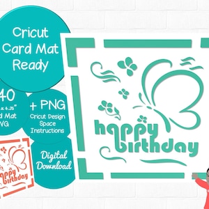 Feliz aniversario quadrado SVG para tapete de cartão Cricut | Download instantâneo | Façanha. Slots de cartão de inserção quadrada e SVG de borboleta | Cartão de inserção quadrado S40
