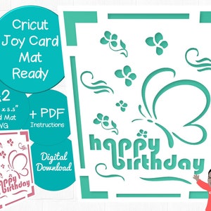 Feliz cumpleaños SVG para Cricut/Cricut Joy Card Mat Descarga instantánea / Feat. Mariposa SVG y ranuras para tarjetas de inserción cuadradas / Tarjeta de inserción A2 / R20