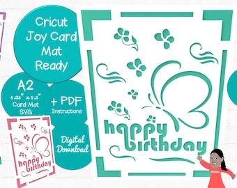 Happy Birthday SVG for Cricut/Cricut Joy Card Mat Instant Download | Feat. Butterfly SVG & Sq Insert Card Slots | A2 / R20 Insert Card