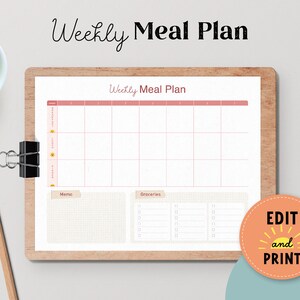 Weekly Meal Planner with Grocery List - Printable Editable Menu Template - Family Meal Digital Planner