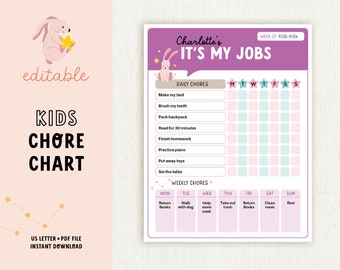 Chore Chart for Kids - Weekly Daily Chore Chart - Responsibilities Checklist - Daily To Do List - Reward Chart - Editable Daily Routine PDF