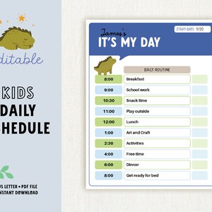 Daily Schedule for Kids - Daily Routine Chart - Homeschool Schedule - Dinosaur Schedule - Daily To Do List Printable - Editable Schedule