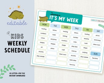 May include: A printable weekly schedule for kids with a dinosaur theme. The schedule includes activities like reading, math, writing, and free time. The text "James's It's My Week" is at the top of the schedule.