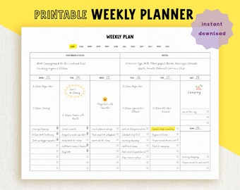May include: A printable weekly planner with a yellow background and a white grid. The planner includes a section for this week's focus, notes, and daily tasks. The days of the week are listed across the top, and the dates are listed below each day. The planner also includes a section for grocery shopping, errands, and other tasks.