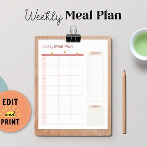 Weekly Meal Planner with Grocery List - Printable Editable Menu Template - Family Meal Digital Planner